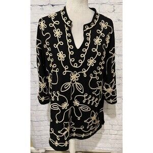 Maggie Barnes Catherines Black Gold Ribbon Embroidered Tunic Shirt Top Size 1X
